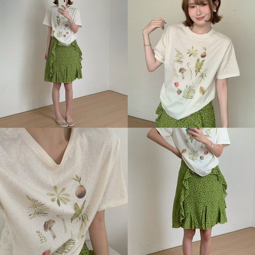 Flower April（FA）-植物叶片圆领宽松花朵印花短袖T恤+不规17095