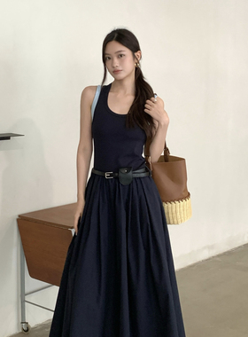 F.THREE三姐妹-夏上新假两件气质撞色边修身无袖松弛感连衣98358