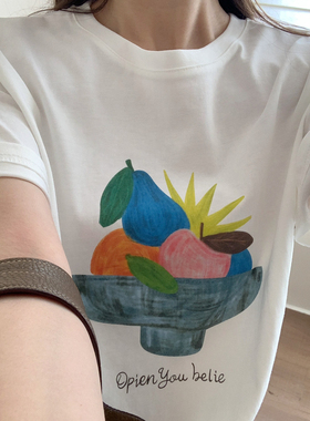 芭妮Bonnet-夏上新油画风涂鸦雪花棉圆领短袖T恤C25-18002