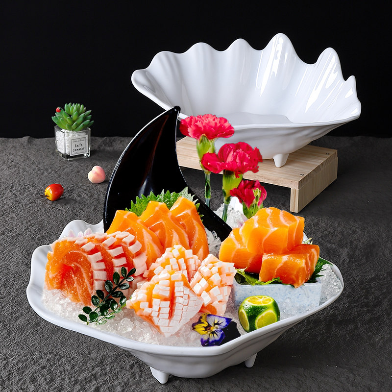 A8白色密胺三文鱼刺身拼盘海螺形海鲜干冰盘酒店餐具日式料理盘子