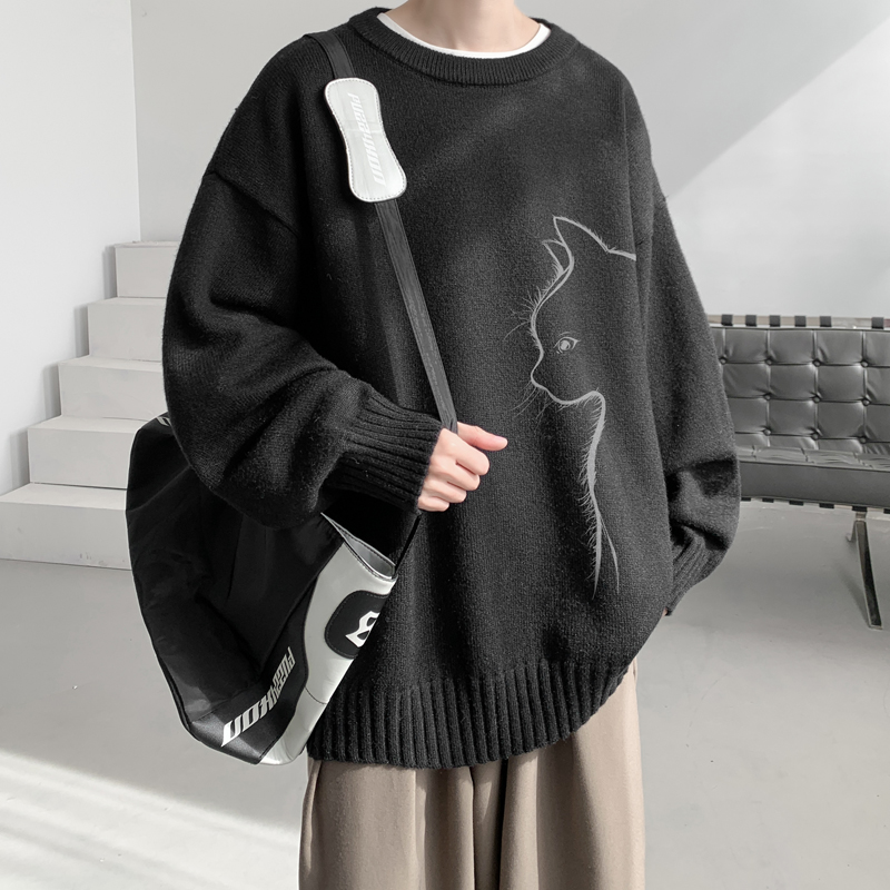 已注册/冬季慵懒风针织衫男宽松猫咪印花毛衣大码上衣MY9508/P45,男装针织衫/毛衣,电商B316 已注册/冬季慵懒风针织衫男宽松猫咪印花毛衣大码上衣MY9508/P45,男装针织衫/毛衣,电商B316