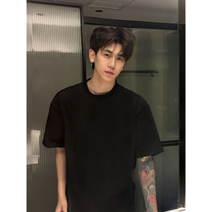 美式高街cleanfit纯黑色短袖T恤男款夏季正肩潮牌半袖重磅体恤衫