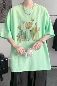 已注册/夏季荧光绿水仙印花短袖T恤潮男体恤打底衫DT0352/P25图片