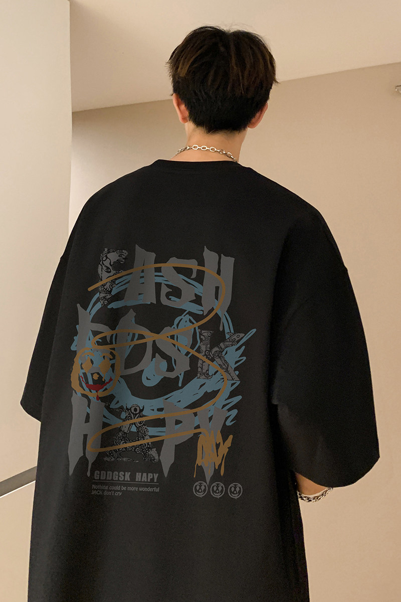 已注册/夏季趣味印花黑色短袖T恤男宽松体恤打底衫DT8351/P25,男装T恤,电商B316