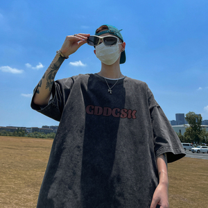 水洗重磅新款咖啡色动漫短袖T恤潮牌男宽松打底衫体恤DT2041/P35