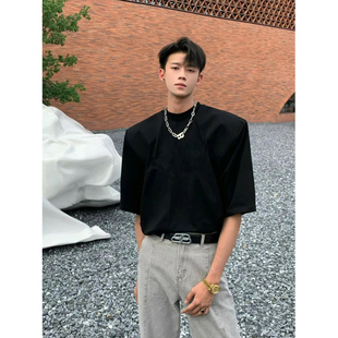 美式高街纯黑色痞帅短袖T恤男款夏季重磅青少年半袖情侣装体恤衫