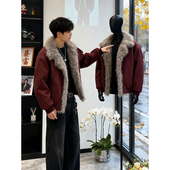 美式 高街酒红色座山雕棉衣男冬季 高级感痞帅加绒加厚棉服外套潮流