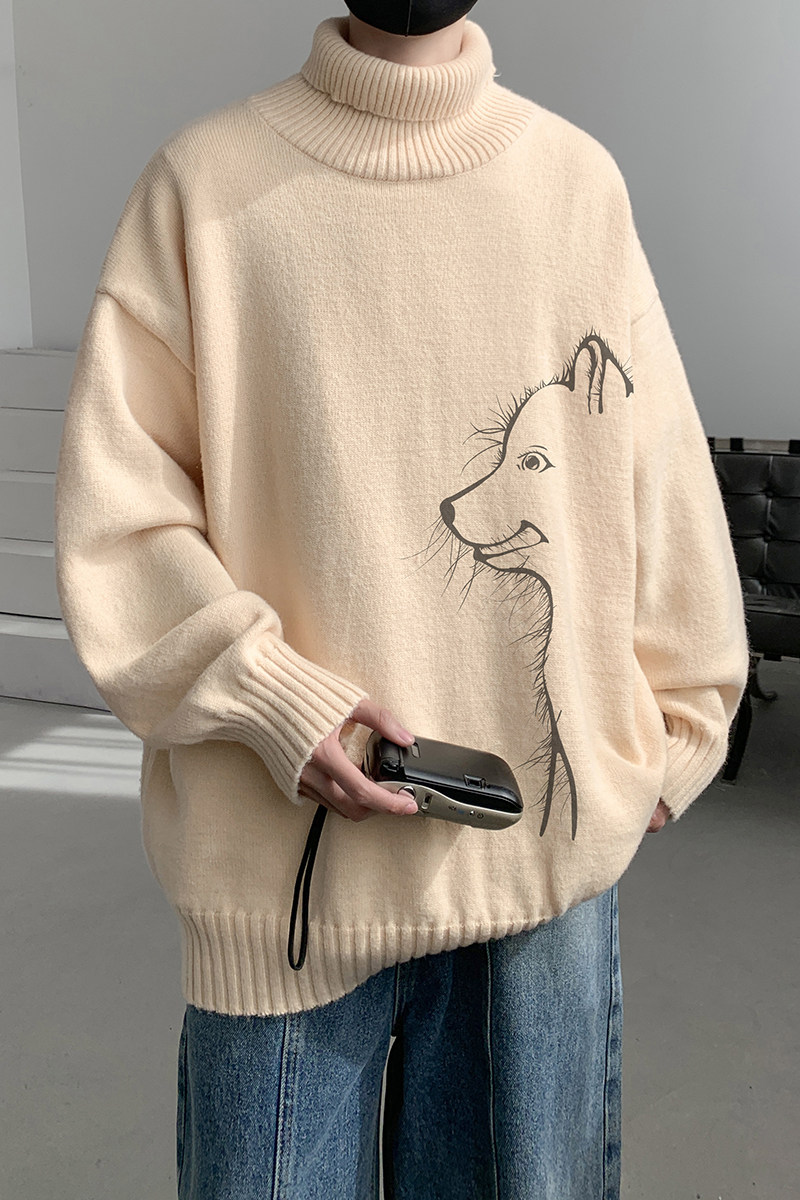 已注册/冬季小狗印花高领毛衣翻领上衣男宽松外套情侣MY9504/P45,男装针织衫/毛衣,电商B316
