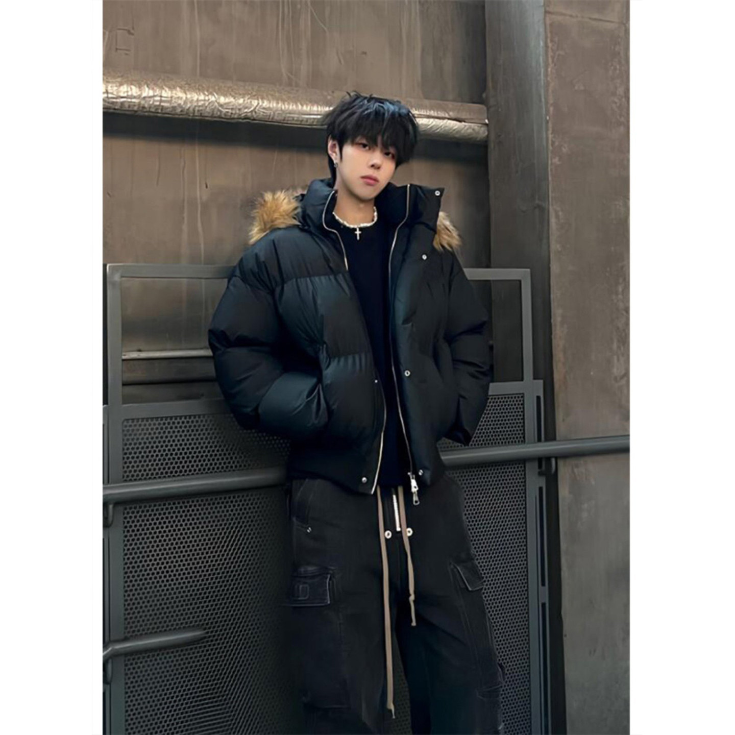 美式潮牌黑色毛领连帽羽绒棉衣男冬季cleanfit高级感面包棉服外套,男装,棉衣,淘宝优惠券,粉丝福利购,淘宝优惠卷