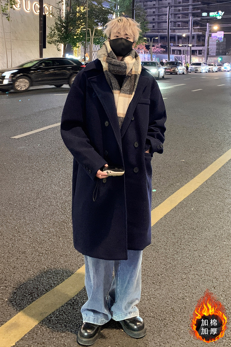 藏青色毛呢大衣男青年秋冬宽松西装领风衣中长款外套MN9538/P100,男装毛呢大衣,电商B316
