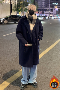 藏青色毛呢大衣男青年秋冬宽松西装领风衣中长款外套MN9538/P100图片