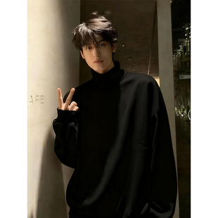 韩系半高领双面德绒打底衫男款冬季重磅加绒加厚内搭黑色长袖t恤