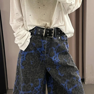 美式复古蓝色豹纹阔腿五分牛仔裤女夏季新款宽松显瘦垂感百搭裤子