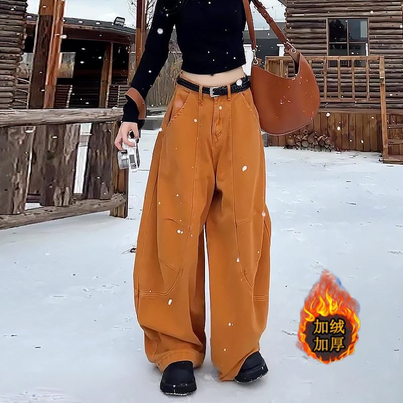 橙色小众拼接设计感加绒弯刀阔腿牛仔裤女2025秋冬新款宽松时尚裤