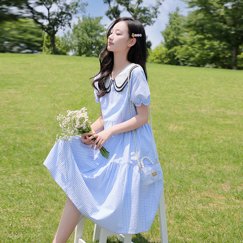 少女风连衣裙舒适宽松格子双领