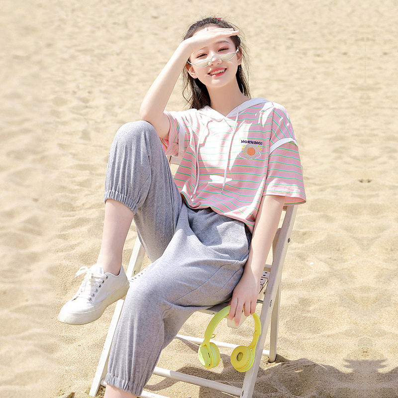 初中生休闲套装女夏天条纹韩版宽松短裤带帽t恤大童高中生两件套