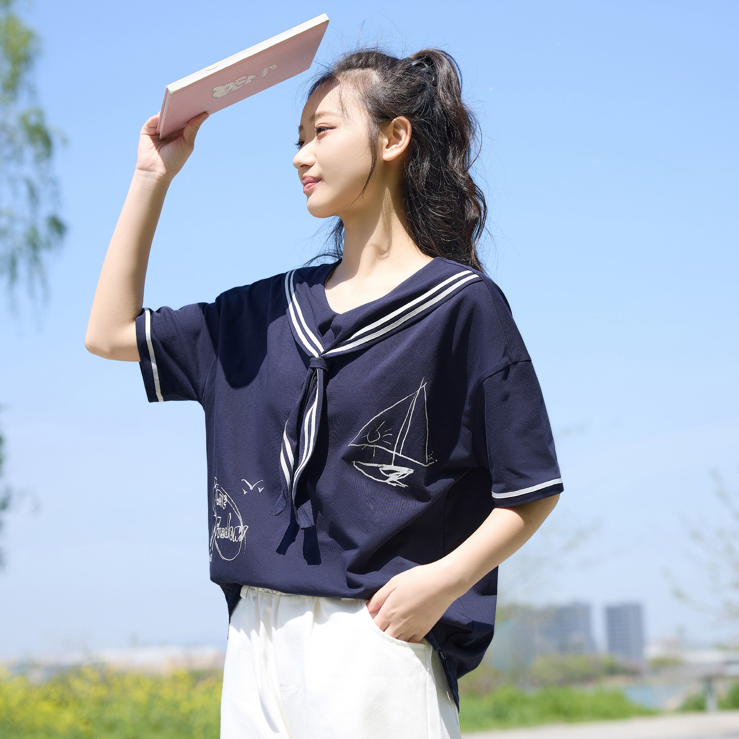 雪诗恋初中生少女夏装海军领日系短袖T恤棉大童夏季学院风JK上衣