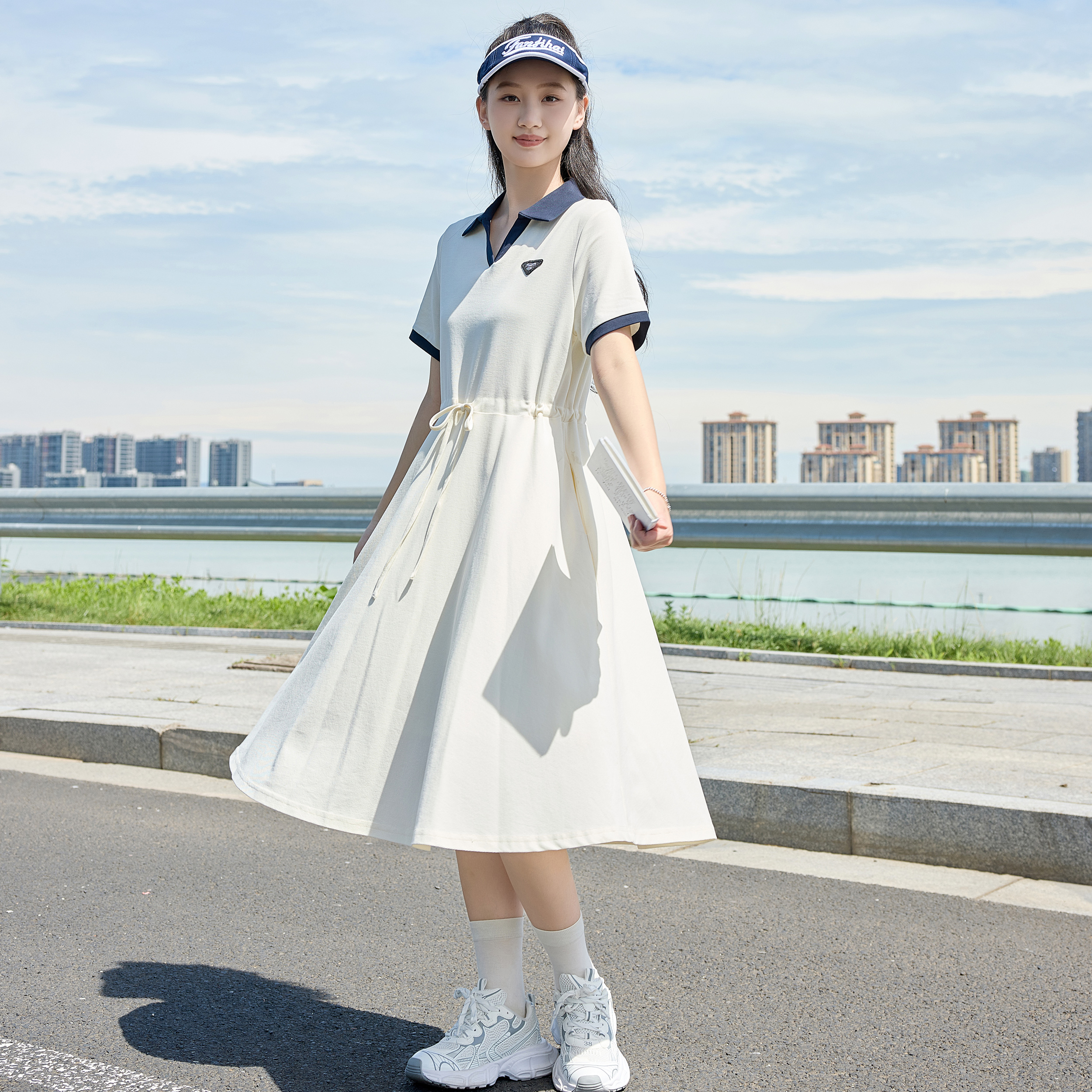 雪诗恋初中生假v领中长款连衣裙休闲长裙少女大童收腰显瘦裙子女