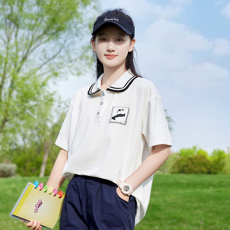 短袖T恤娃娃领少女初中生夏装简约学院风绣花休闲体恤半袖上衣潮