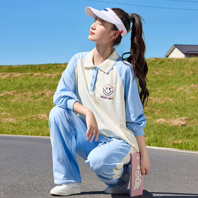 初中生休闲运动套装少女秋冬装大童13岁学院风翻领长袖两件套服