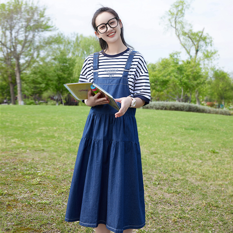 洗水牛仔背带裙初中生少女学生夏季学院风中长款吊带连衣裙子套装