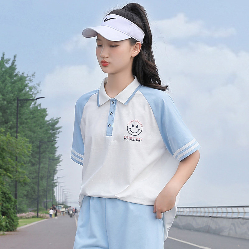 初中生夏季短袖T恤翻领少女新品大童高中生休闲运动宽松半袖体恤