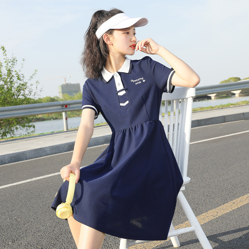 初中生连衣裙少女夏装日系新款学院风修身JK服POLO领中长款裙子