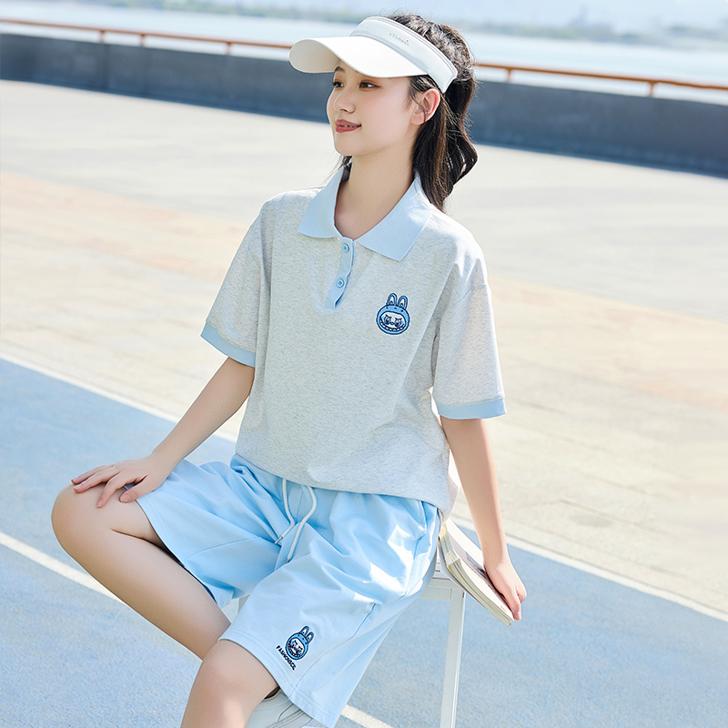 少女休闲运动套装夏季大童女学生翻领短袖T恤初中生绣花上衣