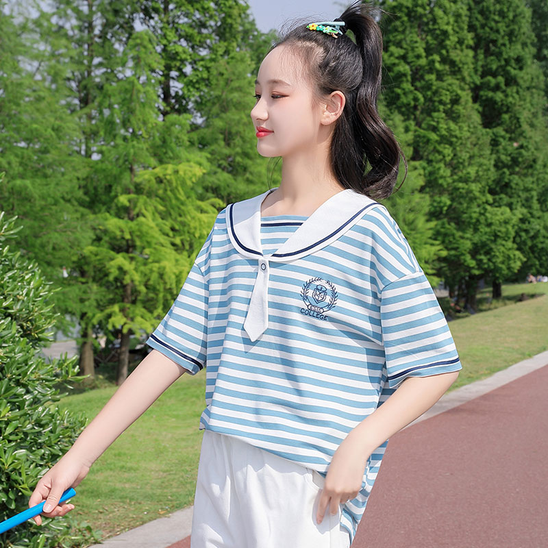 初中生夏季少女T恤大童女新品海军领日系领结绣花短袖水手服上衣