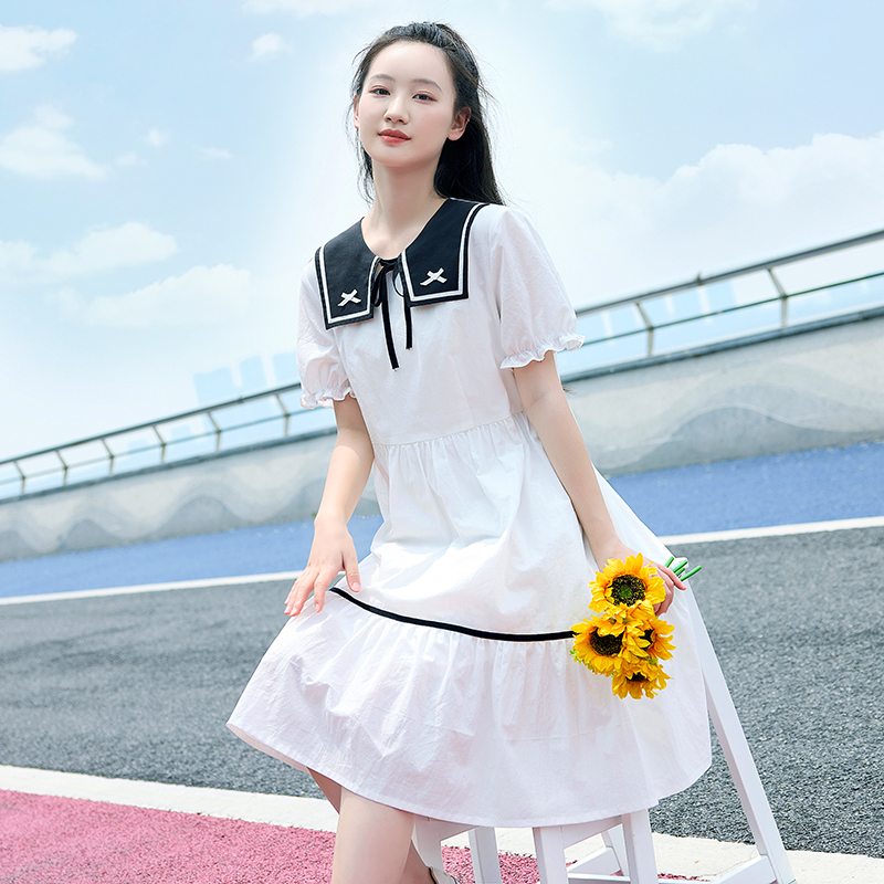 初中学生连衣裙女娃娃领2024夏季新款少女大童长款过膝仙女裙子