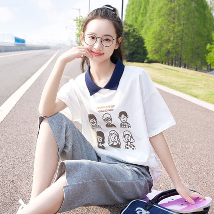 夏季套装初中女生休闲学院风套服时尚高中学生短袖T恤+短裤两件套