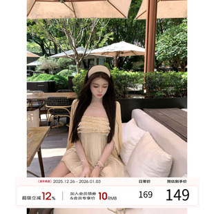 气质裙子 雪纺吊带a字裙无袖 项天鹅er 一字肩抹胸连衣裙女2025秋季