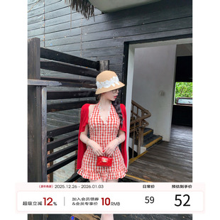 时尚 格子无袖 复古连衣裙E25Q1977 山风樱桃 天鹅er