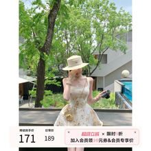 项天鹅er 法式吊带连衣裙女2025夏季棉麻a字裙公主裙印花气质裙子