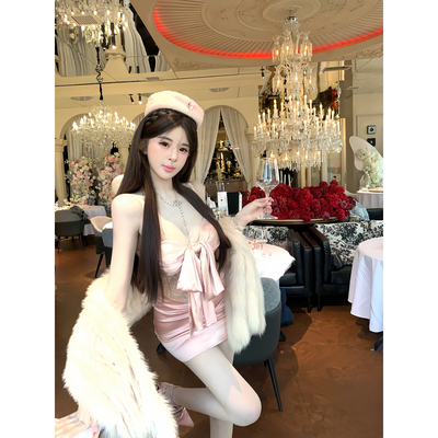 项天鹅er 法式吊带连衣裙女2025冬季新款蕾丝拼接包臀裙纯欲裙子