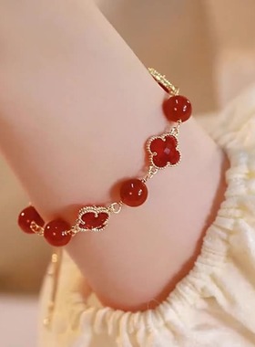 天然红玛瑙幸运四叶草可调节手链女新中式跨境专供女生轻奢礼物