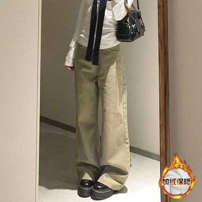 高个子加绒版卡其色阔腿裤美式复古宽松显瘦百搭直筒拖地裤子ins