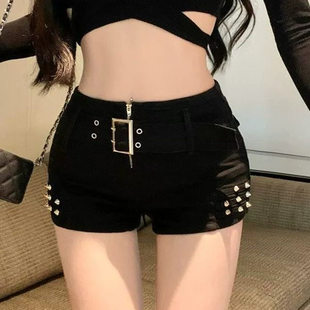 小个子黑色铆钉牛仔超短裤女夏季辣妹弹力紧身显瘦XS码辣妹热裤子
