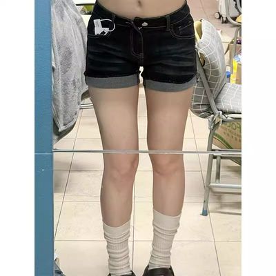 美式辣妹高腰性感超短裤热裤牛仔裤女夏季深蓝色设计感卷边短裤子