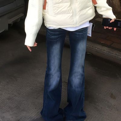 高个子加长版微喇牛仔裤女低腰美式复古水洗弹力修身显瘦喇叭裤潮