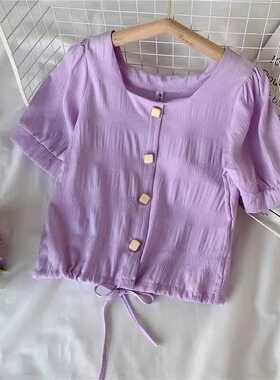 夏装短袖女式甜美小衫新款洋气短上衣超仙衫方领紫色衬衣0499