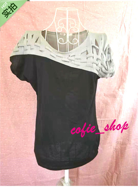 COFIE_SHOP冲钻新款夏装韩版镂空编织灰黑拼色短袖t恤 01#