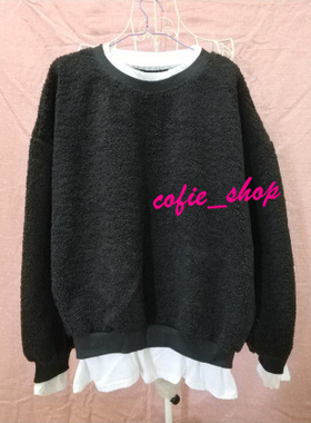 宽松冬季羊羔绒黑色假两件卫衣0150