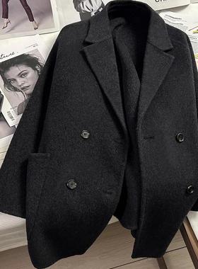 韩版黑色双面毛呢金标羊毛大衣设计感中长款气质呢子西装外套1699
