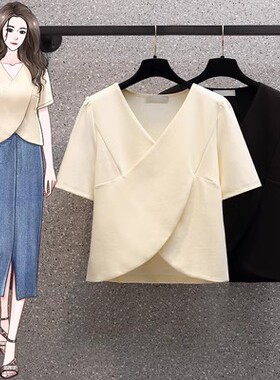 T恤设计感小众高腰显瘦短款上衣褶皱v领气质大码女装01509