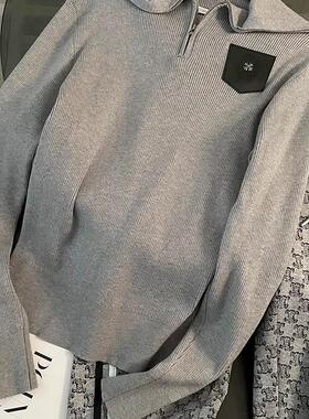 时尚高级新款气质灰色翻领方领海军领拉链套头长袖针织上衣09099