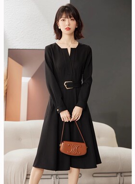 气质雪纺黑色v领衬衫连衣裙女装新款气质系带收腰裙子09099