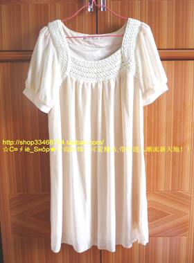 cofie_shop 方领编织条纹雪纺连衣裙（杏色）HUIXINGGUIZ