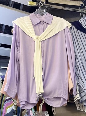 春秋新款韩版休闲百搭糖果色紫色宽松翻领衬衫配披肩069099