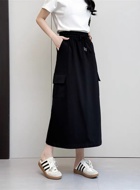 美式复古工装裙秋季新款高腰开叉半身裙休闲卫衣裙中长裙子07099